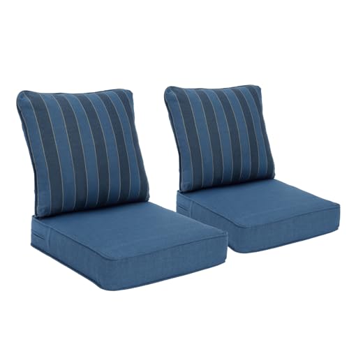 BPS 23x26 Inch Patio Seat Cushions Set of 2, Blue Striped Fade-Resistant Olefin Fabric Outdoor Deep Seat Cushion with Removable Cover and Adjustable Straps for Wicker Chairs, Sofas, Love Seats