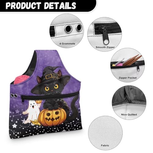 Image of KUIFORTI Cat Yarn Bag, Pumpkin Knitting Crochet Bag, Ghost Yarn Storage Bag Organizer, Halloween Gifts for Women Wrist Bag, Yarn Tote Bags for Crocheting, Holding Yarn, Knitting Needles, Large Size