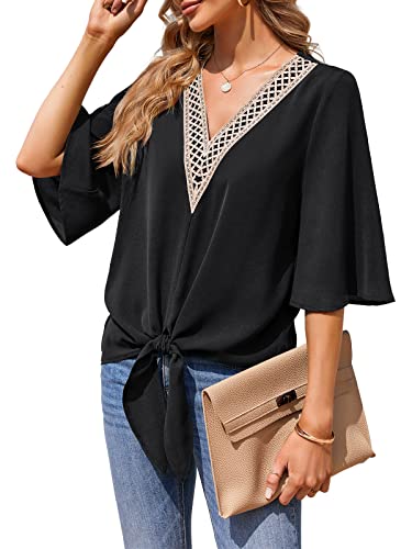 Womens Half/Long Sleeve Tops V Neck Tie Knot Front Chiffon Blouses Dressy Casual Lace Shirts A-Black #TOP14