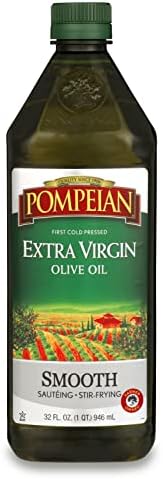 Pompeian Smooth Extra Virgin Olive Oil, First Cold Pressed, Mild and Delicate Flavor, Perfect for Sauteing & Stir-Frying, Naturally Gluten Free, Non-Allergenic, Non-GMO, 32 Fl Oz