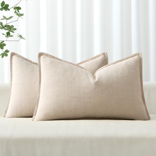 Image of MIULEE Pack of 2 Thick Textured Lumbar Throw Pillow Covers, Natural Linen Decorative Pillow Covers 12x20, Neutral Cushion Cases for Couch Sofa Bed Living Room Modern Farmhouse Home Decor, No Filling