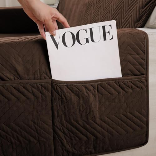 Image of HOKIPO Polyester Quilted 2 Seater Sofa Cover Mat with Pockets, Dark Coffee (NEW2-802-DCF)