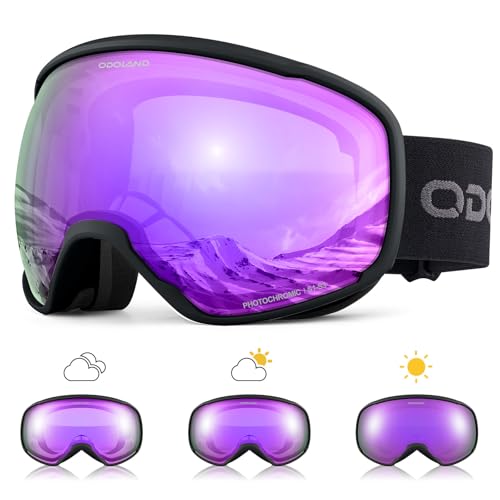 Odoland Photochromic Ski Goggles for Sunny and Cloudy Days, Anti-Fog OTG UV Protection Snowboard Goggles for Men Women Youth