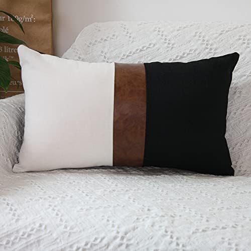 cygnus Faux Leather Lumbar Pillow Covers 12x20 Inch Black and White Linen Lumbar Pillow Cover Modern Decorative Accent Cover for Couch Sofa