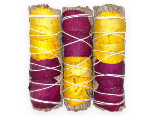 Yerbero - (3 Piece Sage Bundle) 3 Premium 4'' Long California Floral White Sage + Rose Petals (Red/Yellow) | Smudging Kit for Love, Peace, Harmony, Home Cleansing, Meditation, Purifying