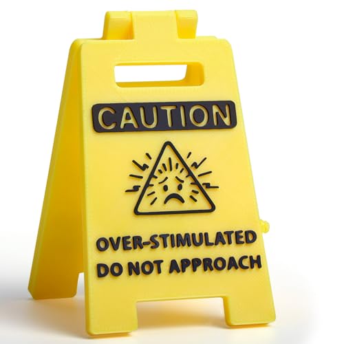Caution Overstimulated Desk Sign Office Desk Decor 3D Printed Gag Gifts Double-Sided Sign with Humorous Quote Cubicle Decoration Accessories for Women Men Team Gifts for Coworker Friends Funny
