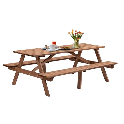 RocVanc Wood Outdoor Picnic Table Picnic Tables with Benches and Umbrella Hole, Classic Picnic Table Bench Set for 6 or 8 Person for Backyard, Porch, Patio, and Deck