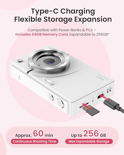 4K Digital Camera for Kids Teens Beginners, 64MP Point and Shoot Camera with 64GB SD Card, Compact Lightweight Travel Vlogging Camera with 16X Zoom & Webcam Function, White - Image 5