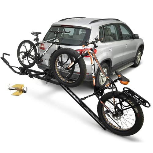 Bike Rack Hitch Mount with Ramp for 2 Bikes Platform Ebike Rack Fits Fat Tires up to 150 lbs Foldable & Tilt Electric Bike Rack for SUV Truck RV 2 Inch Receiver
