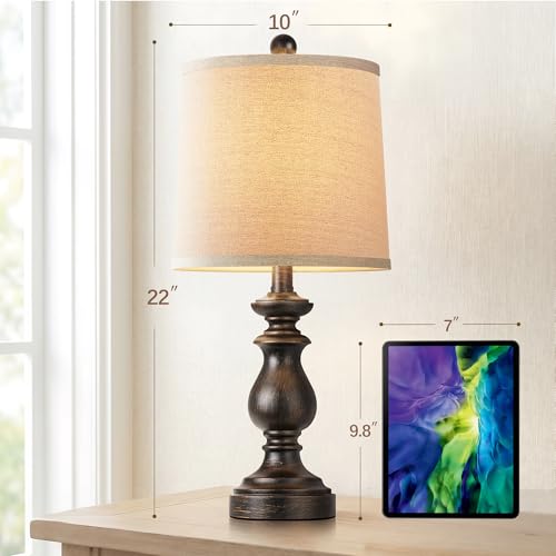 Image of PARTPHONER Traditional Table Lamp Set of 2, Rustic Farmhouse Table Lamps for Living Room Bedroom, 22 inch Bedside Desk Lamps Vintage Nightstand Lamps with Linen Shades, Oil Rubbed Bronze