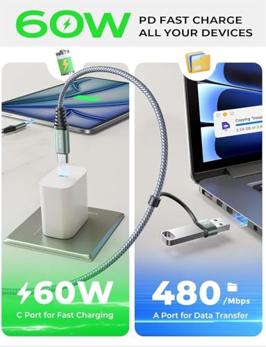 Image of AINOPE Right Angle USB C Cable [2-𝑷𝒂𝒄𝒌, 6.6FT] with USB Adapter, 60W iPad Charging Cord 90 Degree USB C Cabel for iPad Air /Pro,Carplay Cable Type C Fast Charging Gifts for iPhone 17 /16 /15 Pro Max