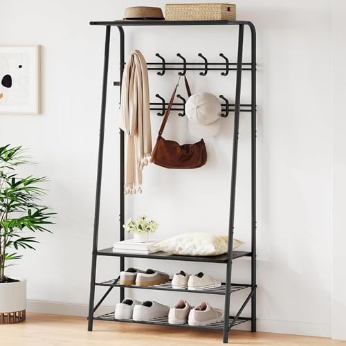 Garvee Coat Rack, Hall Tree with Bench and Shoe Storage, Entryway Bench with Coat Rack, 5 Hooks and 3 Tier Shoe Storage, Metal Frame for Entryway, Hallway, Front Door (Black, 8 Hooks-25.2In) by Garvee - Used condition - CA$59.21