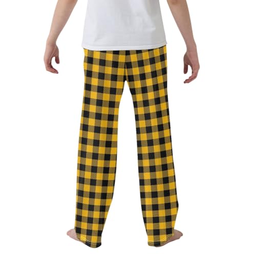 CaTaKu Boys Yellow Checkered Plaid Pants for Boys Girls Wide Leg Sweatpants Loose Fall Kids Athletic Bottoms,L2