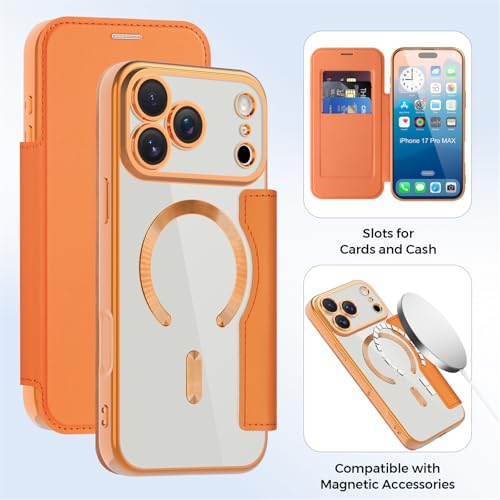 IMEIKONST Magnetische Hülle für iPhone 17 Pro Kompatibel mit MagSafe, Premium PU Leder Flip Kartenhalter Clear Stoßfest Schutzhülle Handyhülle für iPhone 17 Pro. Orange JDCX