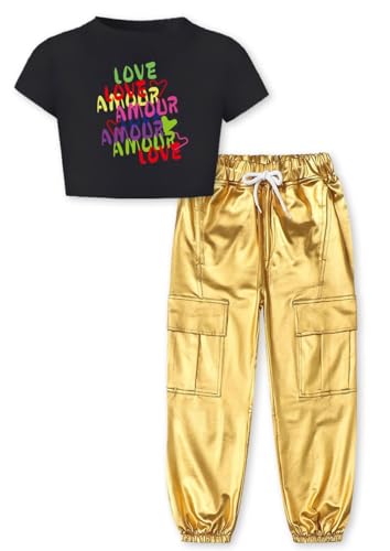 Image of Betusline 2 Piece Clothes Set For Girls,Colored Letters Cute Short Sleeve Crop Tops + Light Gold Cargo Jogger Pants Clothes,6-7 Years = Tag 130