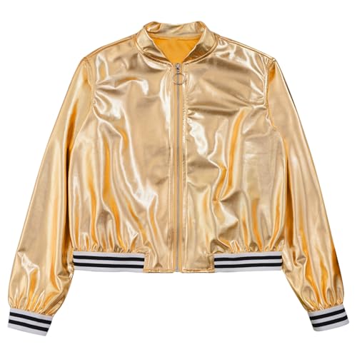 JEYPINMI Kids Girls Bomber Jacket Long Sleeve Jazz Dance Crop Top Zipper Coat Outerwear Sparkle Clubwear2