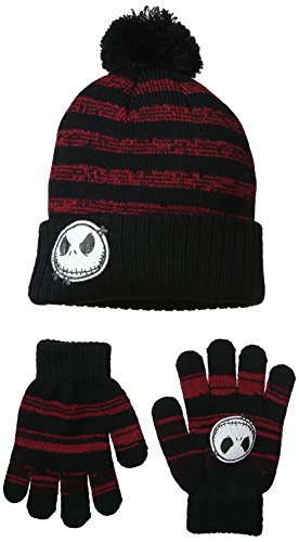 Nightmare Before Christmas Big Boys' Striped Cuff Pom Beanie with Glove Set, Black, One Size