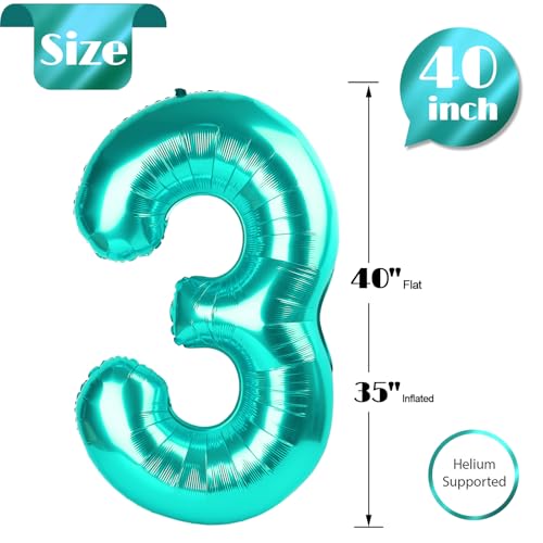 Image of Teal Blue 3 Balloon, Number Balloons 40 Inch, 3rd Birthday Decorations Women Party Supplies for Party Decorations, Number 3 Balloon