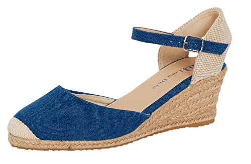 Lora Dora Sandalias de Cuña de Hessian para Mujer con Espuma de Memoria, Tacón Medio, Moda de Alpargatas, Correa de Tobillo, Zapatos de Verano, Azul, 38 EU