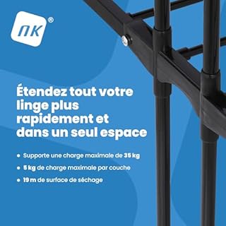NK Etendoir Linge Interieur-Exterieur Pliable à 4 Niveaux - 6 Plateaux Rétractables + 2 Ailes Latérales avec Support pour Cintres + Porte-Chaussures, roulettes 360°, Couleur Noir (19m de Linge)