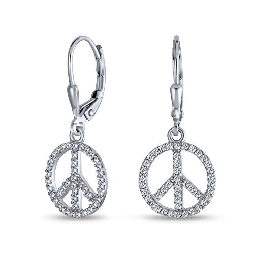 Bling Jewelry Message World Peace Sign Symbol Cubic Zirconia Pave CZ Lever back Drop Dangle Earrings For Women For Teen .925 Sterling Silver