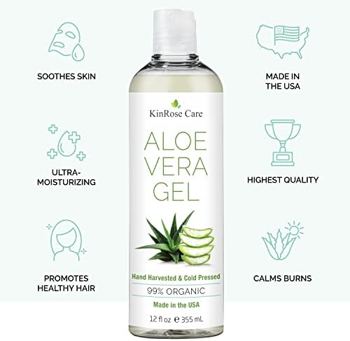 KinRose Care, 12oz Aloe Vera Gel for Face, Skin, Hair & Sunburn Relief - From Pure Organic Aloe Vera (99%) - Cold Pressed, Vegan, Unscented - Made in USA. - 1