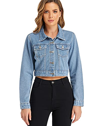 PEIQI Women’s Cropped Jean Denim Jacket Button Down Long Sleeve with Pockets3