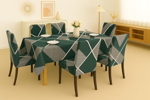 Image of Homerz Premium 6 Seater Dining Table Cloth with 6 Dining Chair Covers,Elastic Fitted Chair Slipcovers, Printed Polycotton Fabric, Table Cloth Size 60x90 inch (Solid Green)