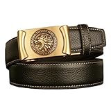Slide Ratchet Cowhide Belt, Elephant Carved Automatic Buckle, Adjustable 120cm/41 Waist, Classic Fashion Leather(Lion,120cm/waist:41