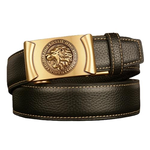 Slide Ratchet Cowhide Belt, Elephant Carved Automatic Buckle, Adjustable 120cm/41 Waist, Classic Fashion Leather(Lion,120cm/waist:41