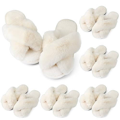 Toulite Bridesmaid Slippers Set of 6 White Fuzzy Slippers for Women Bulk Fluffy Furry Open Toe Soft House Shoes