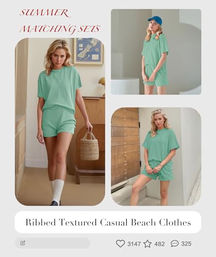 Image of MARZXIN Women 2 Piece Shorts Set 2026 Casual Summer Cruise Outfits Ribbed Loose Short Sleeve Pocket Matching Lounge Sets