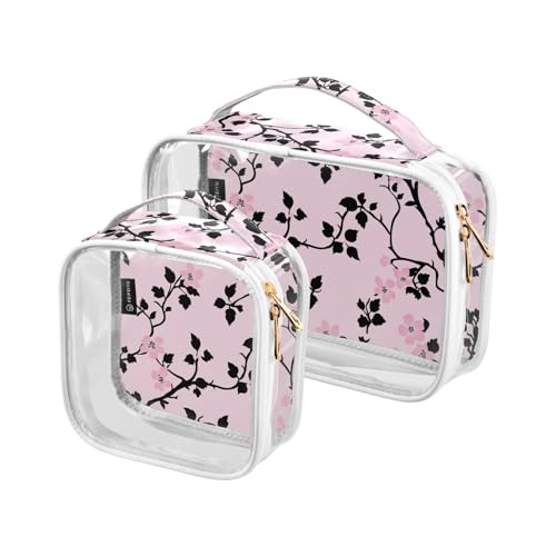 Paquete de 2 neceseres transparentes decorativos transparentes aprobados por la TSA, melocotón, flores negras, pequeñas bolsas transparentes para brochas de maquillaje, bolsa de almacenamiento
