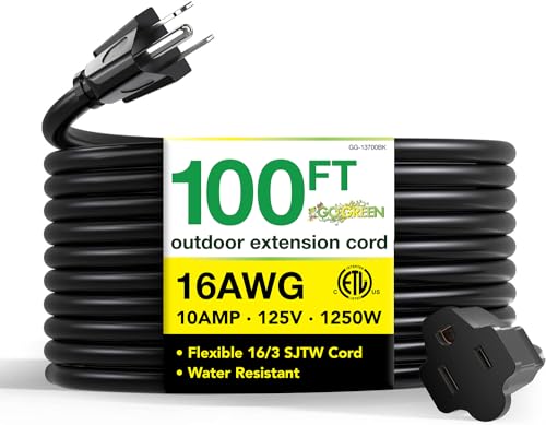 Go Green Power Inc. 16/3 100ft Black Outdoor Extension Cord - Heavy Duty, Moisture Resistant -...