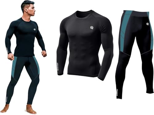 Image of NEVER QUIT Men's Compression Workout Set, Long Sleeve Top & Pants, Quick Dry Sportswear Black
