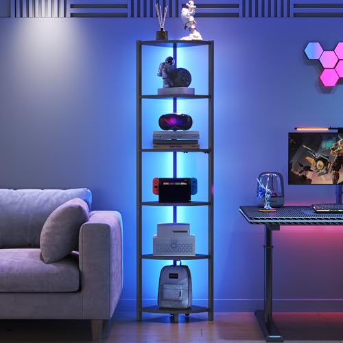 HONGOUZWL Corner Shelf with LED Lights 6-Tier Corner Bookshelf 66 Organizer Book Shelf Shelves Steel Frame Display Stand with Living Room Bedroom Study Black