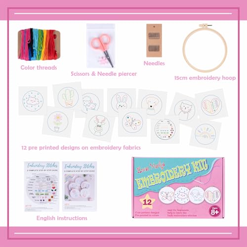Image of Louise Maelys 12 Pre-Stamped Embroidery Kits for Beginners, Cross Stitch for Kids Girls,DIY Needlepoint Craft Sewing,Practice Kit Supplies,Funny Cute Pattern,Perfect for Ages 8-12