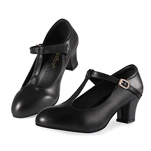 Women's T-Strap Character Shoes Latin Ballroom Dance Heels Black Wedding Pumps, Black 9 M Us #TOP3