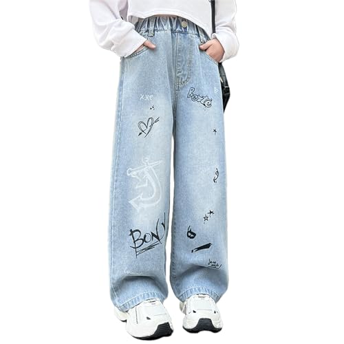 Baggy Jeans for Girls Graphic Prints Wide Leg Pants Streetwear Adjustable Waist Cute Jeans for Girls Y2K Denim Pants