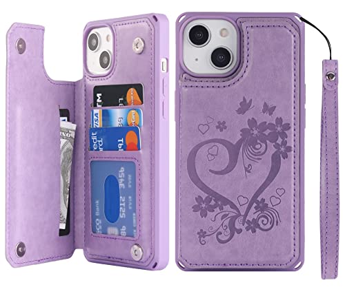 iCoverCase for iPhone 14 Plus Case with Card Holder, iPhone 14 Plus Wallet Case for Women with Strap [RFID Blocking] Embossed Leather Kickstand Phone Case for iPhone 14 Plus 6.7 Inch (Heart Purple)