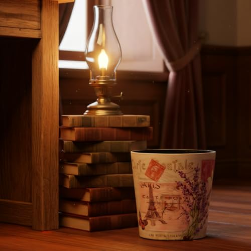 Image of PU Leather Small Trash Can Wastebasket, Round Garbage Container Basket for Bathrooms, Laundry Room, Kitchens, Offices, Kids Rooms, Bedrooms,Dorms,Home Decorative Art Bin, 2.9 Gallon(Lavender Design)