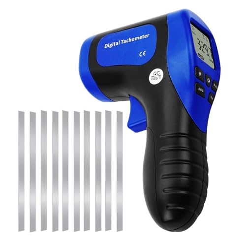 Laser-Foto-Tachometer, Motordrehzahlmesser-Tester, berührungsloser Drehzahlmesser, Motordrehzahlmesser-Pistole – genaue Drehzahlmessung mit Rotationsaufzeichnung (Tachometer + 10 Reflektorbänder)