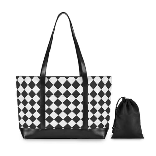 Buffalo Plaid White Black modern large laptop tote bag with zipper for teacher with Personalized bolso de trabajo para mujer2