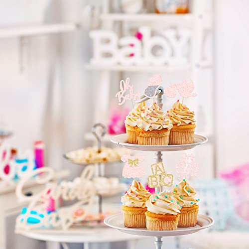24Pcs Oh Baby Cupcake Toppers It's A Girl Cupcake Toppers With Bow Dress Bottle Swan Light Pink Glitter Babyshower Gender Reveal Cake Picks Decorations For Baby Shower Girl Birthday Party Supplies #TOP5