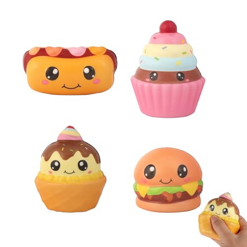 PetHomli 4 Pcs Slow Rising Food Toys for Kids, Kawaii Foam Squishy Toys in Dessert Bread Hot Dog Cake Stress Relief Squeeze Toy for Holiday Carnival Goodie Bag Stuffers