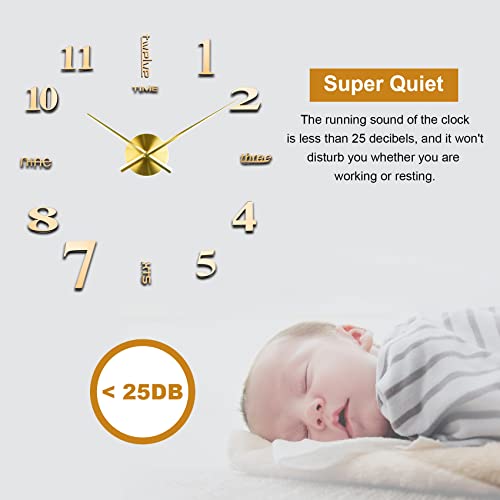 Lidnady Diy Wall Clock,3D Frameless Wall Clock,Large Modern Design Decor Sticker Diy Wall Clock Kit For Bedroom Living Room Home Decorations,Adjustable Size And Easy To Assemble (Gold) #TOP4