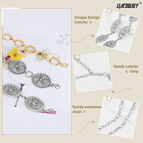 Image of LEACOOLKEY Women Turquoise Concho Chain Waist Belt Silver Western Cowgirl Metal Chain Belt for Dress Adjustable
