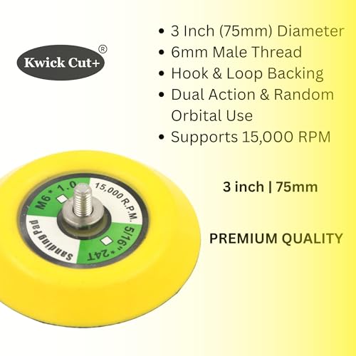 Image of Kwick Cut+ Premium 3 Inch (75mm) Velcro Backing Pad (Pack of 1) | 6mm Male Thread | Dual Action Random Orbital Sander Pad for Sanding, Polishing & Grinding | 15000 RPM Compatible (3-inch)