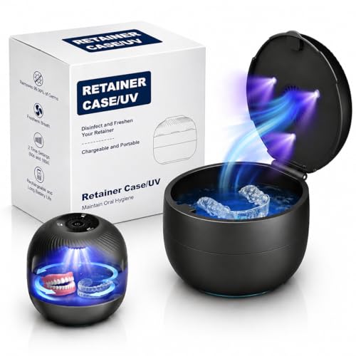 Retainer Cleaning Case, Multifunction Denture Case for Retainers, Full Dentures & Aligners with U-V Light, Ventilation, Soaking & Storage,Denture Overnight Container
