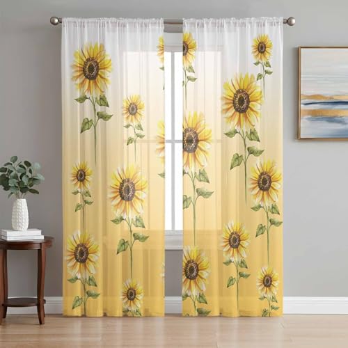 Yomandocix Sunflower Curtains 84 Inch Length 2 Panels Set, Yellow Sheer Rod Pocket Kitchen Curtain Drapes Privacy Voile for Living Room Bedroom Summer Floral Decor
